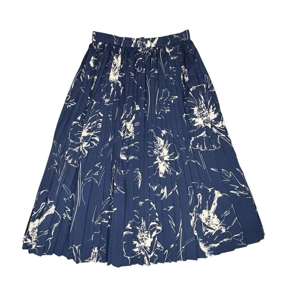 Banana Republic Sz S Maxi Accordion Plated Skirt Floral Navy Blue Lined Pull On